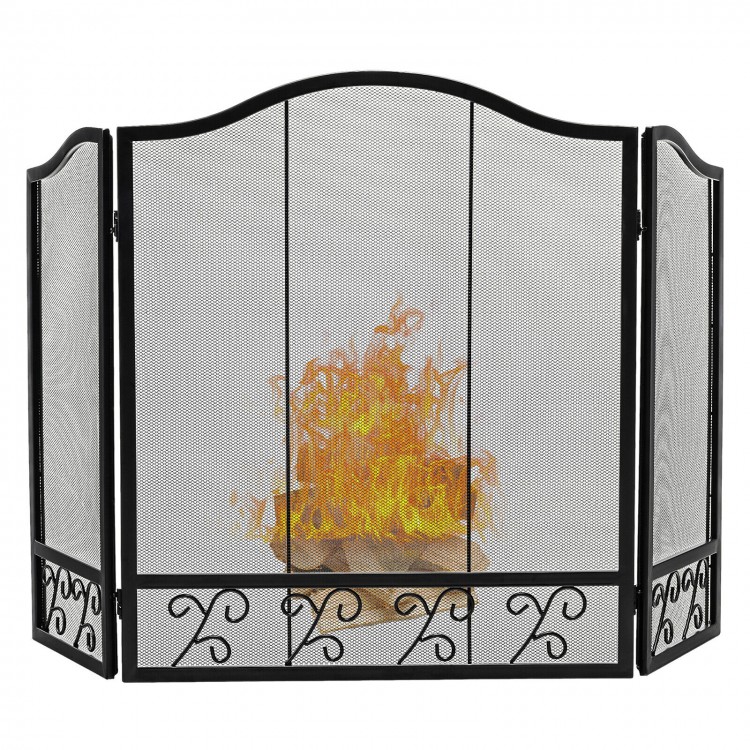 3-panel fireplace screen with decorative patterns, sturdy steel frame, and dense mesh for safety and charm in your.